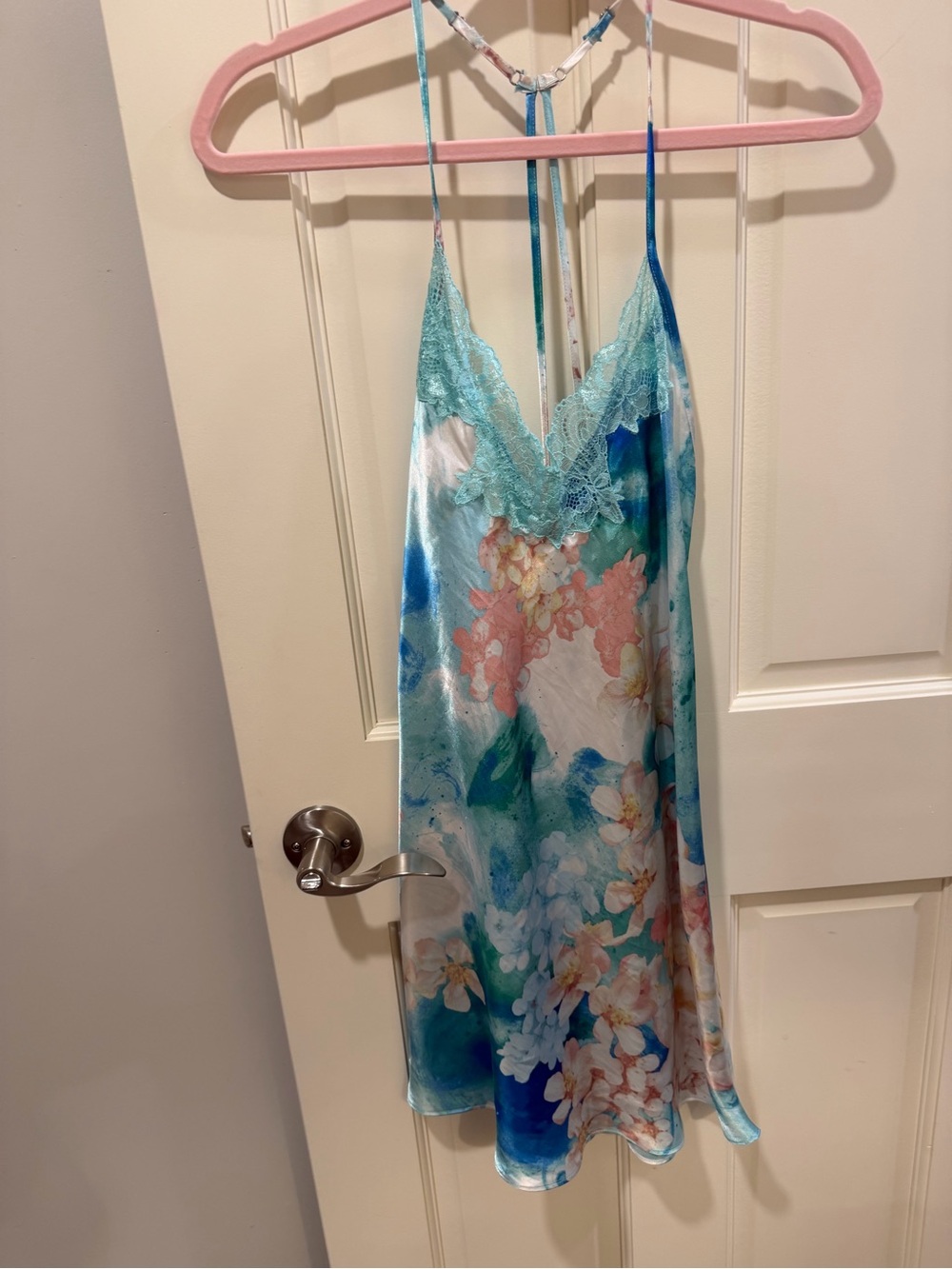 In bloom by jonquil Silky Floral Lace-Trim Chemise Slip - Aqua Multi